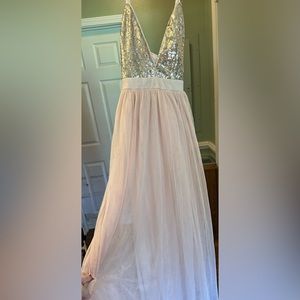 Saved by the dress brand size 10-12 long rose gold pink prom/ brides maid dress.